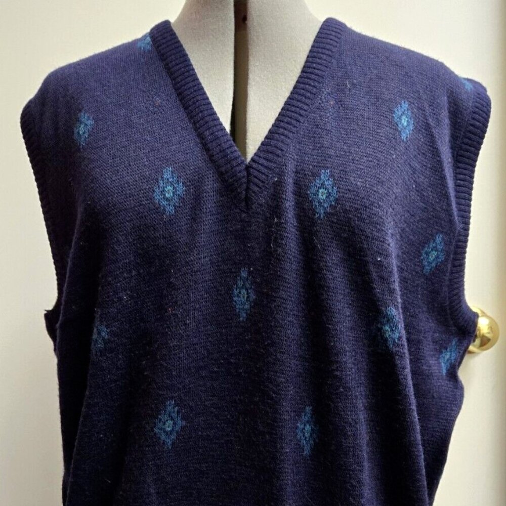Maglificio Florence Acrylic Wool Blend Vest Diamond Pattern Size Large Dark Blue